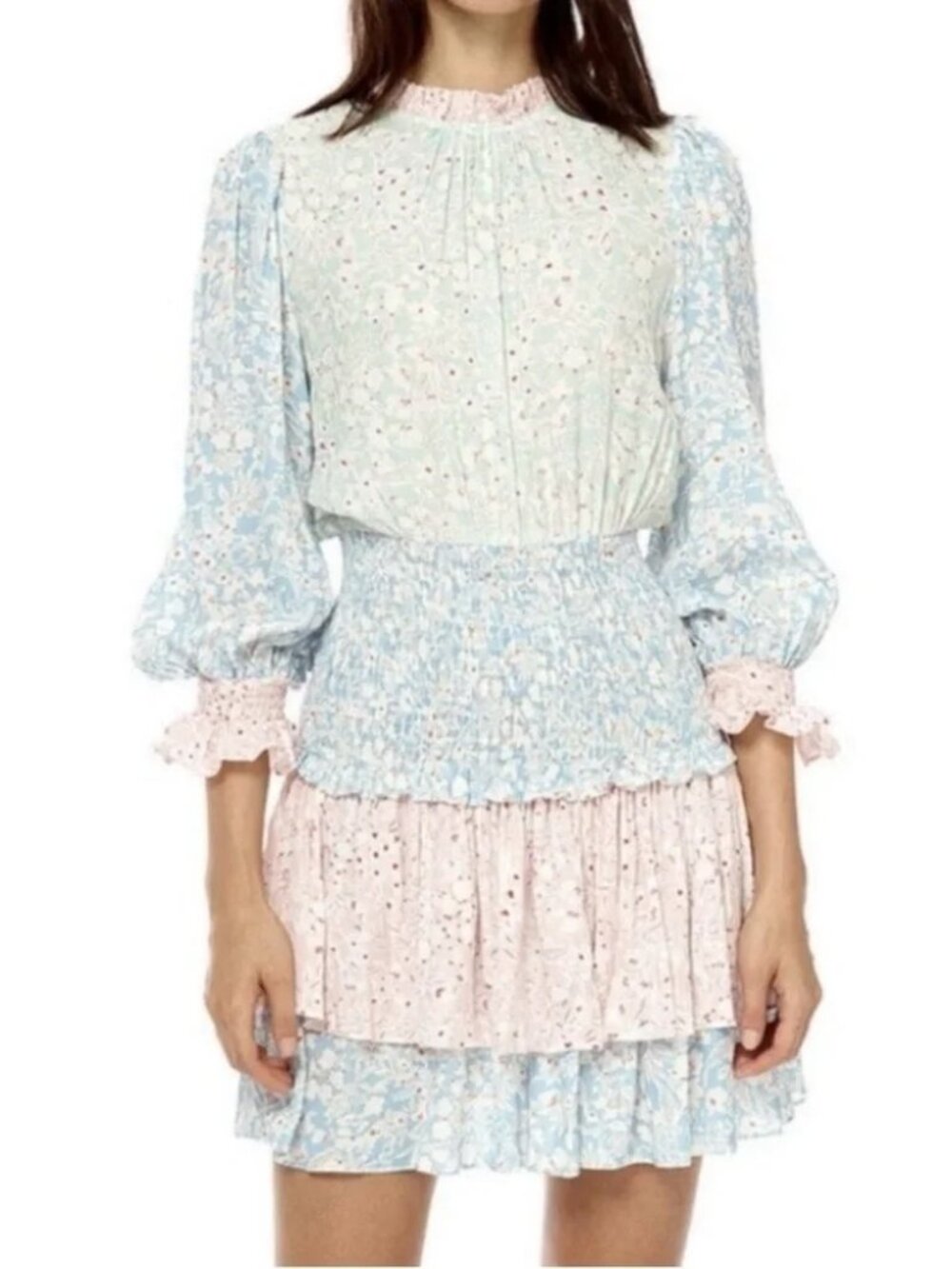 Stellah Long Sleeve Multi Floral Smocked Waist Mini Dress - Medium
